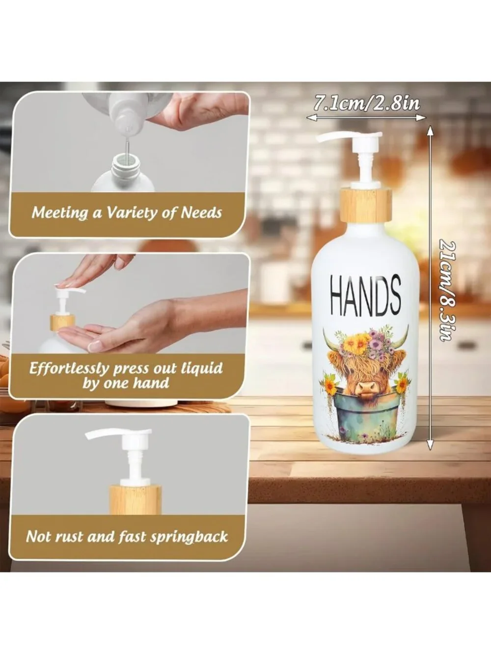 Highland Cow Soap Dispenser Set - Floral Glass Pump for Farmhouse Bathroom